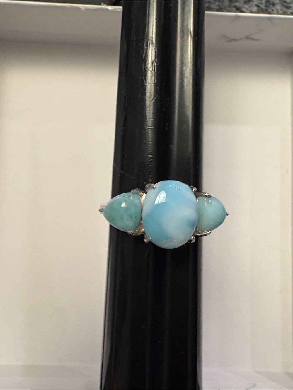 Genuine Larimar Three-Stone, S925 Sterling Silver Oval Ring. Size 7
